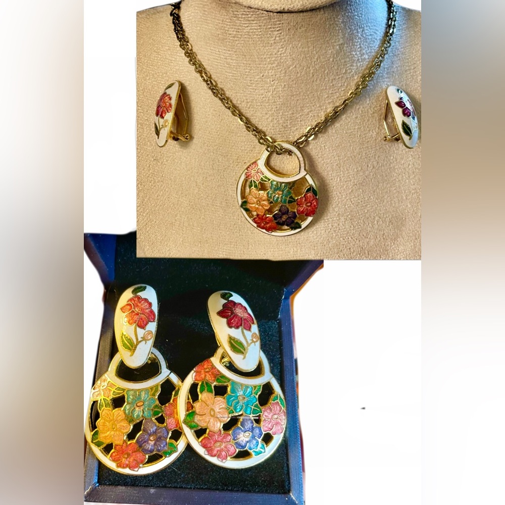Floral Enamel Earrings and Necklace Set